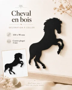Cheval en bois noir à coller, décoration murale ou de porte en contre-plaqué 3 mm, format 150 x 90 mm.