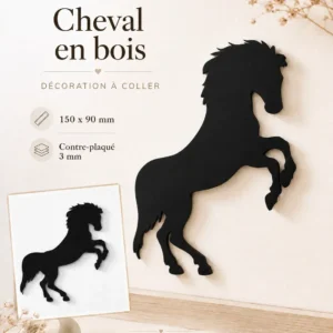 Cheval en bois noir à coller, décoration murale ou de porte en contre-plaqué 3 mm, format 150 x 90 mm.